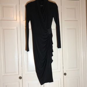 All Saints Co Black Wrap Dress side flutter ruffle with cinch waist hooks SZ 0
